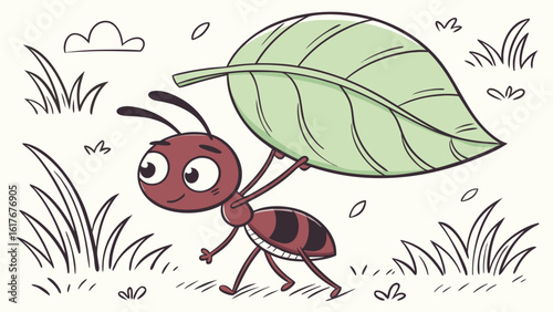 Happy cartoon ant carrying a large green leaf in a grassy field