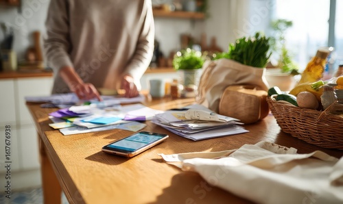 Person sorting through papers on a wooden table with groceries and a smartphone in a bright kitchen
