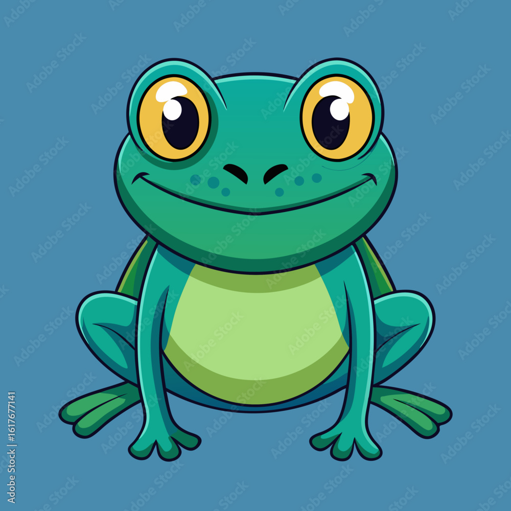 Fototapeta premium Cute cartoon green frog with big yellow eyes smiling