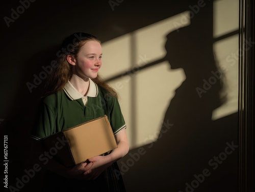 A young woman in a green shirt holding a box with a shadow of a person on the wall behind her