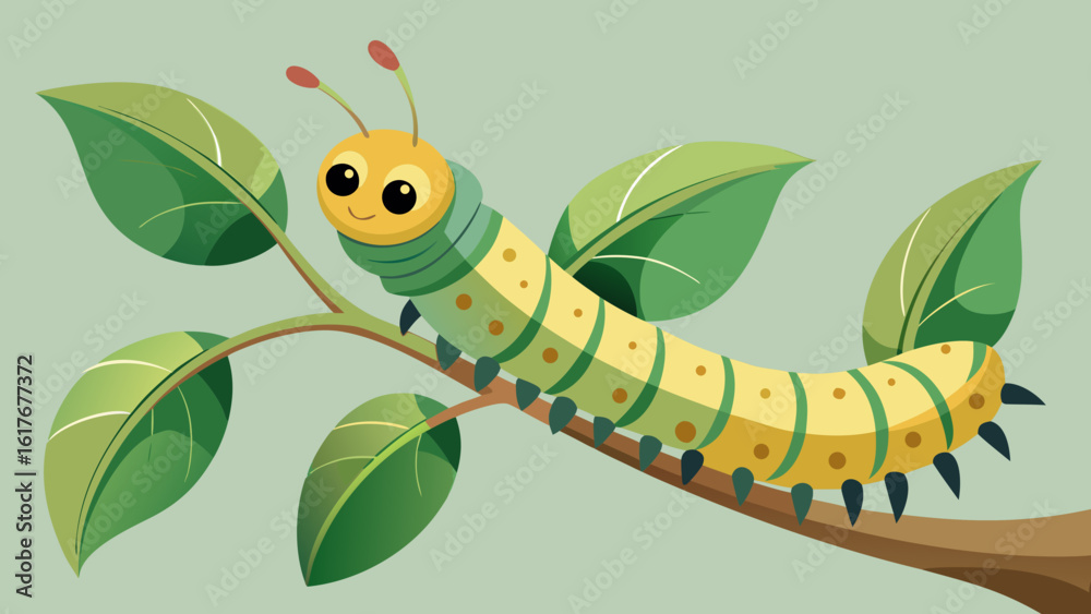 Obraz premium A happy yellow and green caterpillar crawls on a leafy branch