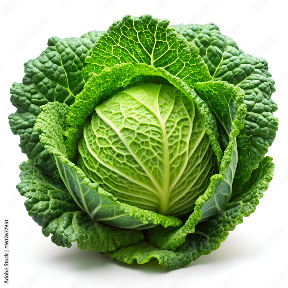 Obraz premium A fresh, textured head of savoy cabbage with ruffled green leaves, isolated on a white background