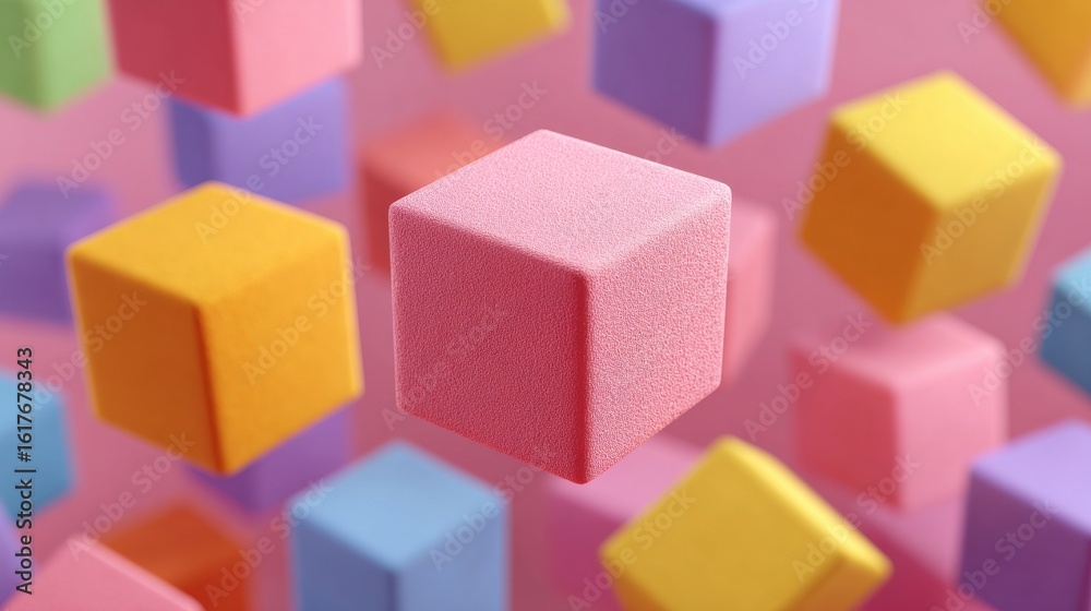 Obraz premium Playful Cubes in pastel palette: a whimsical arrangement of multicolored cubes suspended mid-air, showcasing a vibrant palette of pastel hues and creating a sense of dynamic energy and playful.