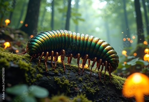 A giant millipede with a glossy, segmented exoskeleton in iridescent shades of emerald, sapphire, and bronze