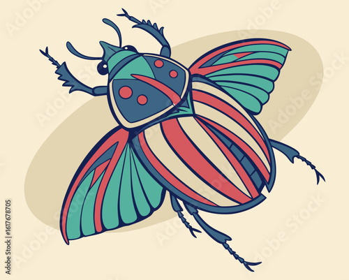 Stylized scarab beetle with teal red and cream colors