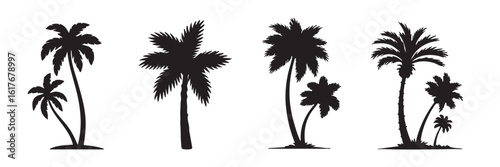 Four black silhouette palm trees on white background tropical