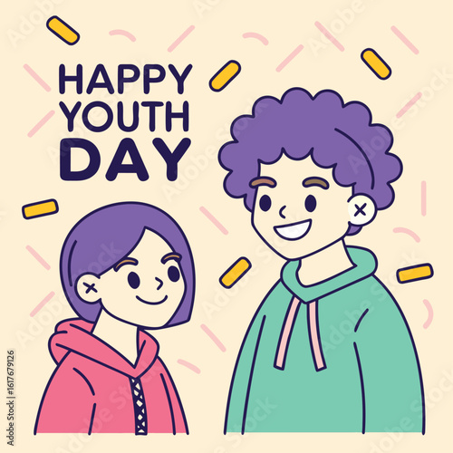 Smiling young friends with purple hair celebrate youth day together happily