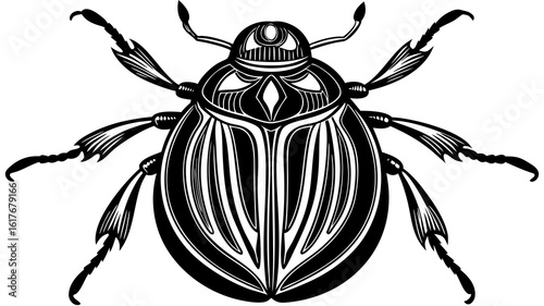 Stylized black and white scarab beetle illustration