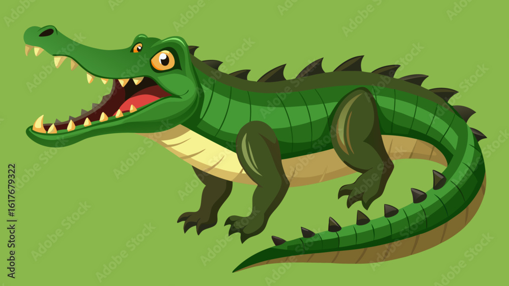 Obraz premium Cartoon alligator with mouth wide open on a green background