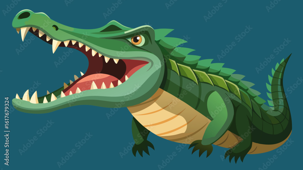 Obraz premium Fierce green alligator with mouth wide open and sharp teeth
