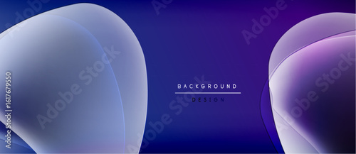 Abstract shapes overlap, creating gradient effect. Dark background contrasts light blues, purples. Minimalist design features text elements.