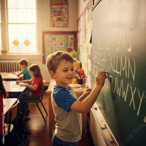 Young boy writing the alphabet on a chalkboard in a classroom setting with other students.