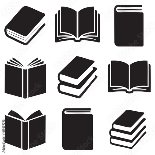 Nine black and white book icons in various open and closed positions books open book
