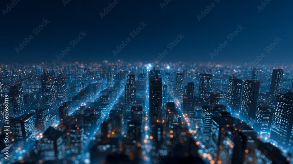 Fototapeta premium Cityscape Lights at Night: An electrifying panorama of a city at night, with a multitude of buildings illuminated by vibrant lights, creating a stunning visual spectacle of modern urban life.