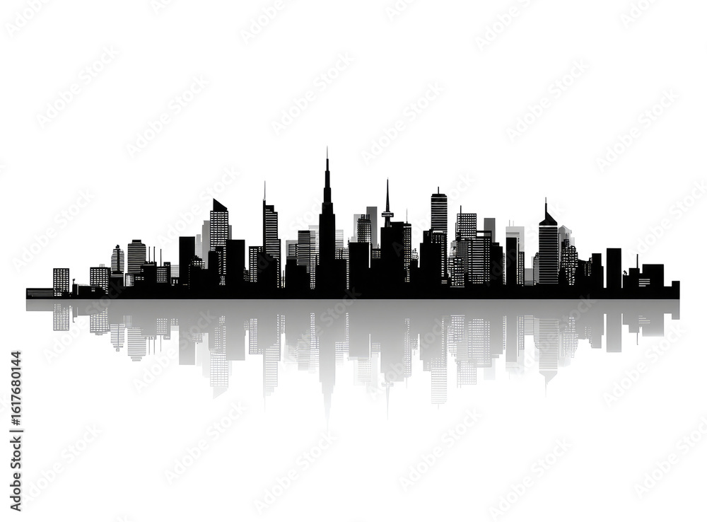 Obraz premium Silhouette of a city skyline at night. Gray-scale cityscape, dark background, horizontal format, buildings layered