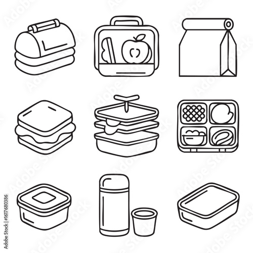 Nine minimalist line art icons of lunch boxes and food containers lunchbox picnic basket