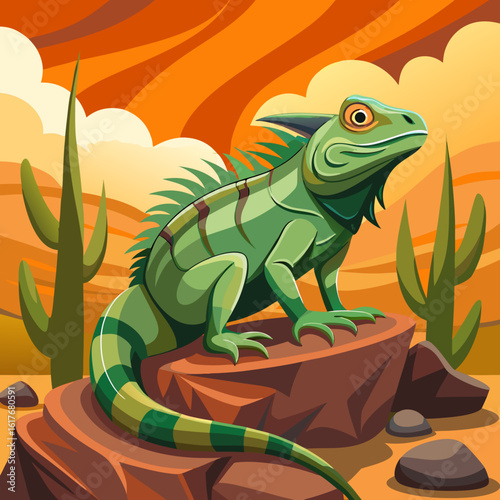 Green iguana rests on rock in a stylized desert landscape