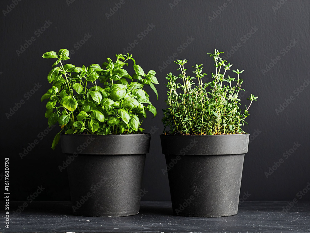Fresh Herbs in Black Pots on Dark Background for Culinary Use Fresh Herbs in Black Pots on Dark Background for Culinary Use