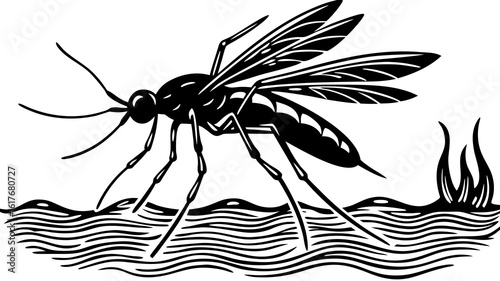 Black and white mosquito silhouette on water with reeds