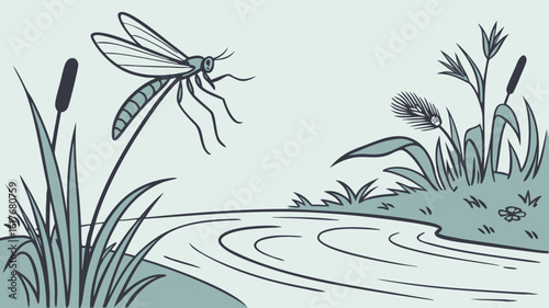 Mosquito flying over a tranquil pond with reeds and marsh grass