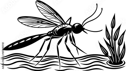 Mosquito on water with reeds illustration