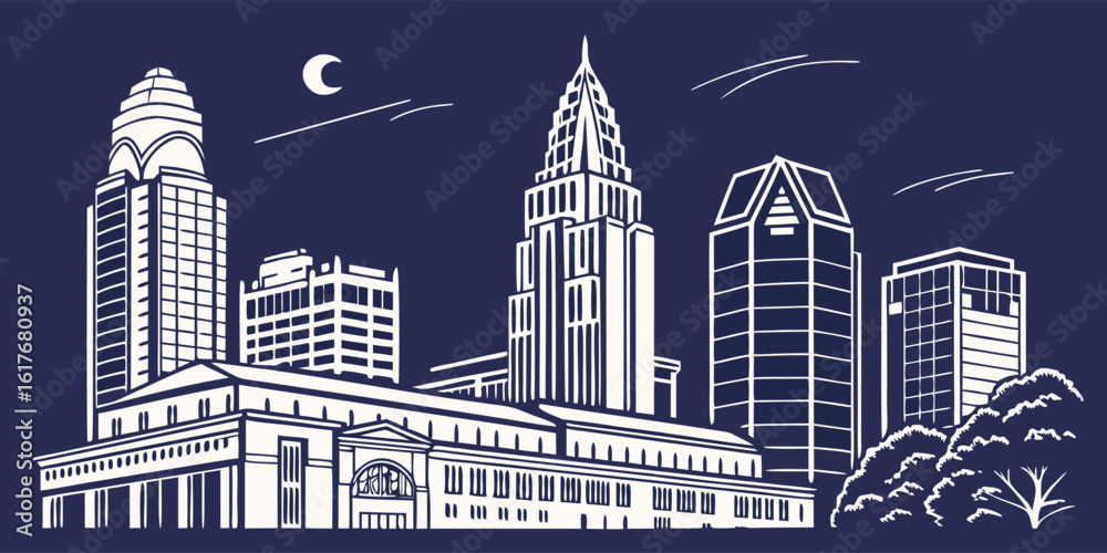 Fototapeta premium North Carolina City Vector: Charlotte's Famous Downtown Towers