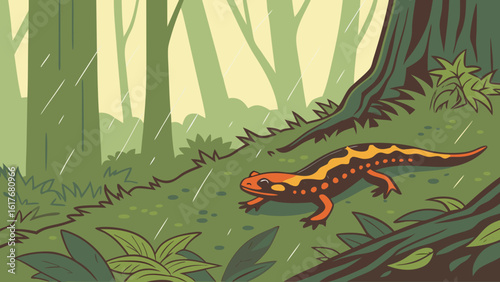 A newt walks through a rainy forest