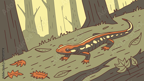 Orange and black spotted newt crawling through a forest floor