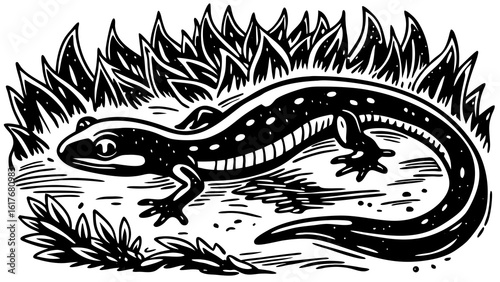 Black and white illustration of a spotted salamander in tall grass