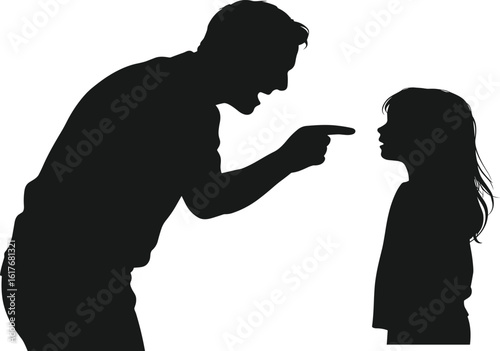 Silhouette of angry man yelling at sad girl, concept of family conflict, child abuse, emotional stress, domestic violence, parenting issue