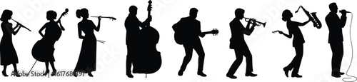 Silhouette of diverse musicians playing instruments, performing jazz, classical and pop music, isolated on white background for artistic design