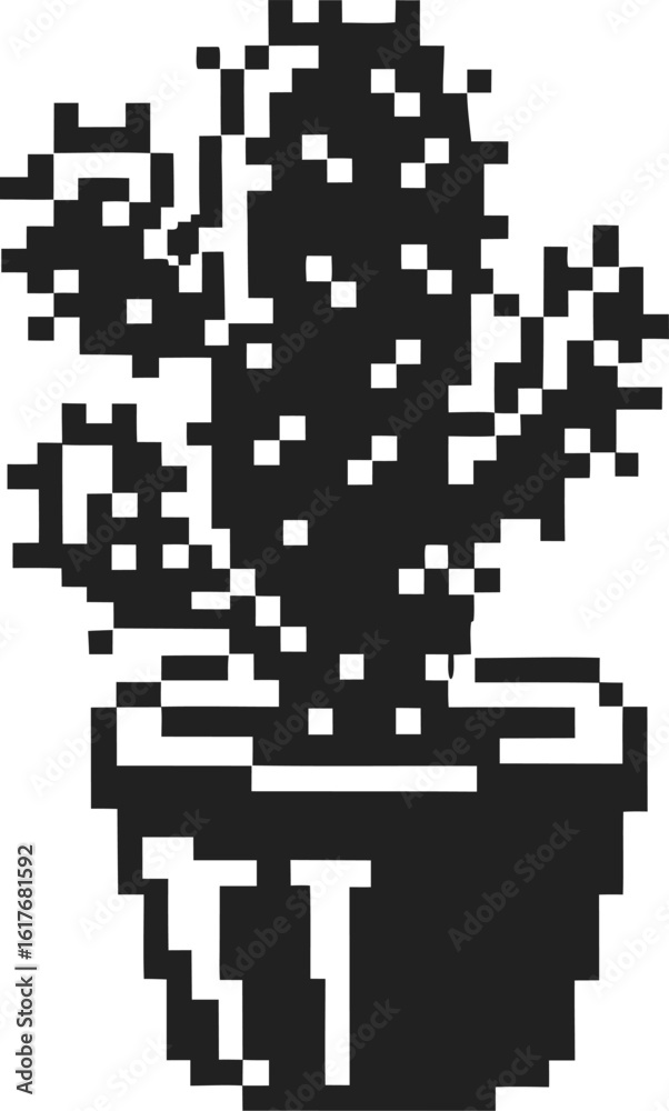 Fototapeta premium pixelated cactus in pot illustration, black and white minimal retro art, digital geometric plant design