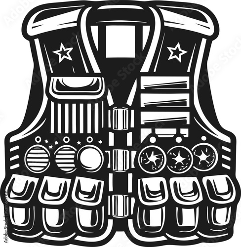 Tactical protective vest with pockets and medals, military insignia and space themed decorations, safety equipment concept