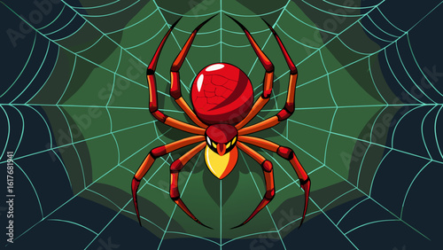 Stylized red spider on a teal web against a dark green background