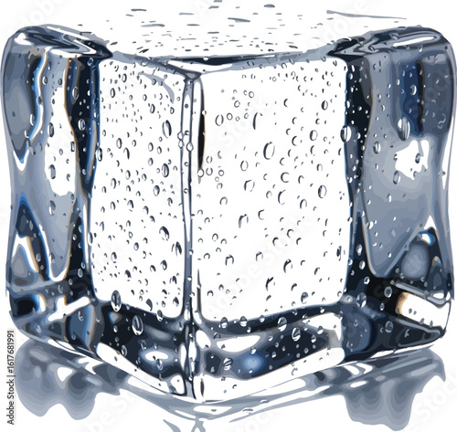A single ice cube glistens with water droplets, showcasing its clear, refreshing coolness and creating a visually appealing element for beverages or product displays.