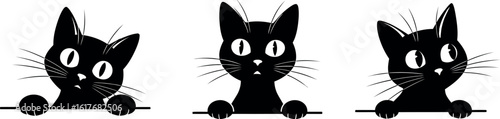 Three curious black cat heads peeking over a surface in a charming silhouette style
