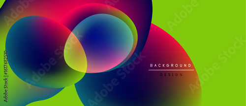 Vibrant abstract shapes overlap, creating colorful gradients. Lime green contrasts dark blues, pinks, purples. Modern design element.