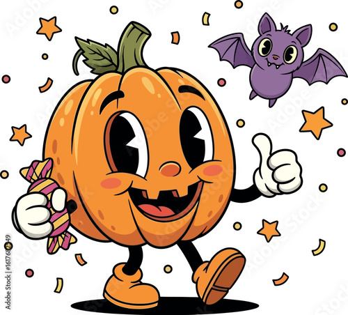Cute cartoon halloween pumpkin character with candy and friendly bat giving a thumbs up silhouette