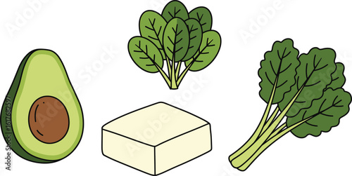 Avocado, tofu, spinach and bok choy isolated on white background, a healthy and vegan food