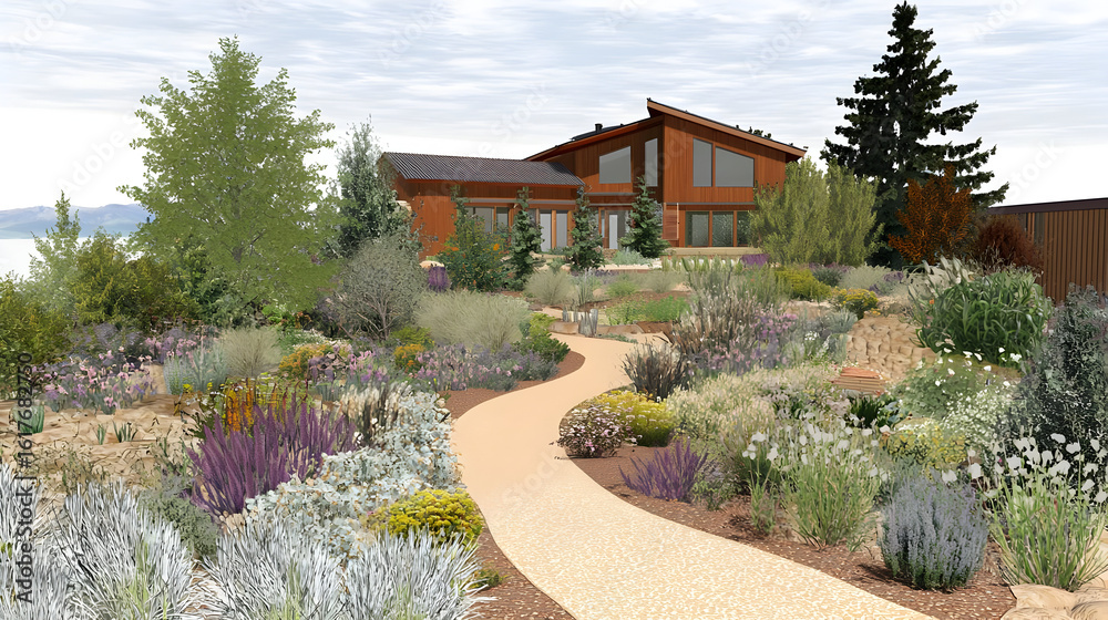 Naklejka premium Modern home nestled in a sprawling, colorful landscape with winding pathway. Diverse plantings and landscaping create a serene outdoor space