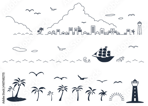 シンプルな夏の海辺の街並みのシルエットイラストセット