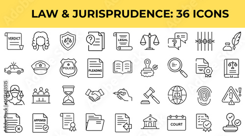 Law and jurisprudence icons set depicting legal themes and symbols  