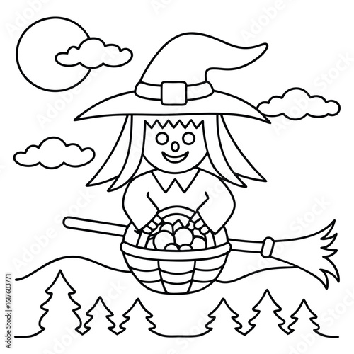 Witch flying on broomstick with candy basket and moon vector