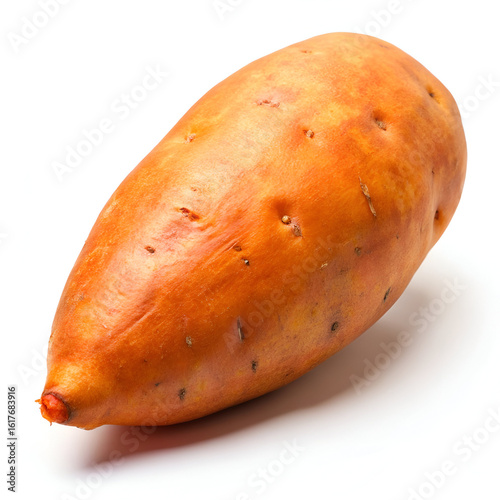 A single, raw sweet potato with its characteristic orange skin and earthy texture, isolated on a white background