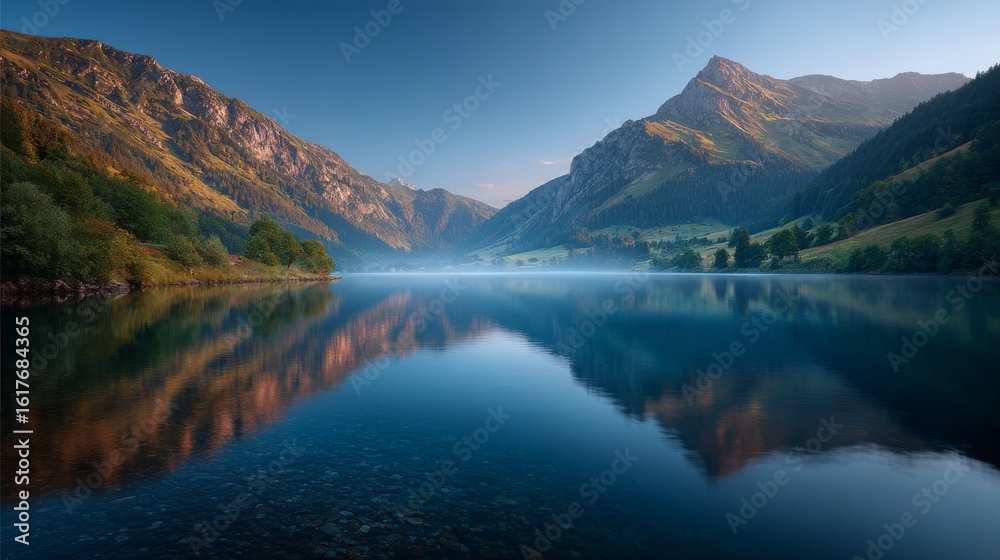 Naklejka premium Mirror Reflection: A stunning vista unfolds, mirroring the grandeur of the majestic mountains and sky in the tranquil waters of the lake.