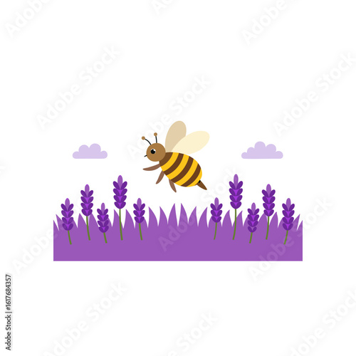 bee hovering over blooming lavender field