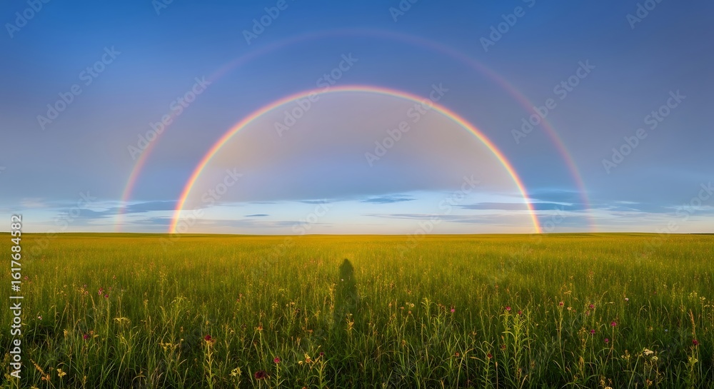 Naklejka premium Double rainbow arches over a vibrant green meadow under a clear blue sky, evoking hope and wonder