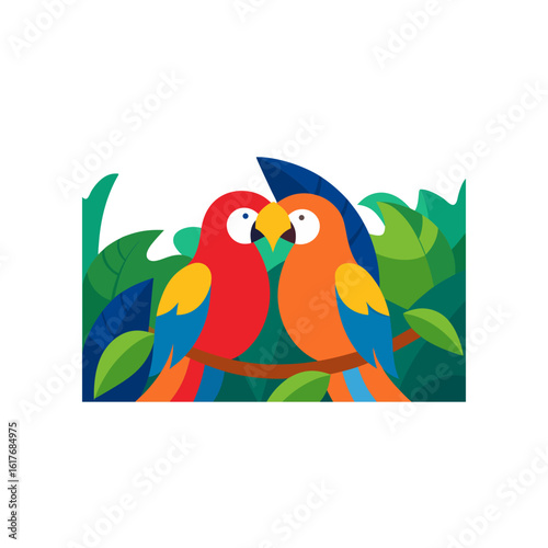 macaw pair cuddling on rainforest vine