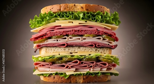 A towering sandwich with lettuce cheese assorted meats and pickles stacked high on toasted bread slices