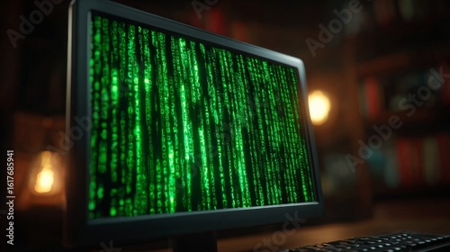 Digital Realm: The illuminated screen of a computer displays a captivating cascade of green digital code, set against a backdrop of soft lighting and an enigmatic aesthetic. 